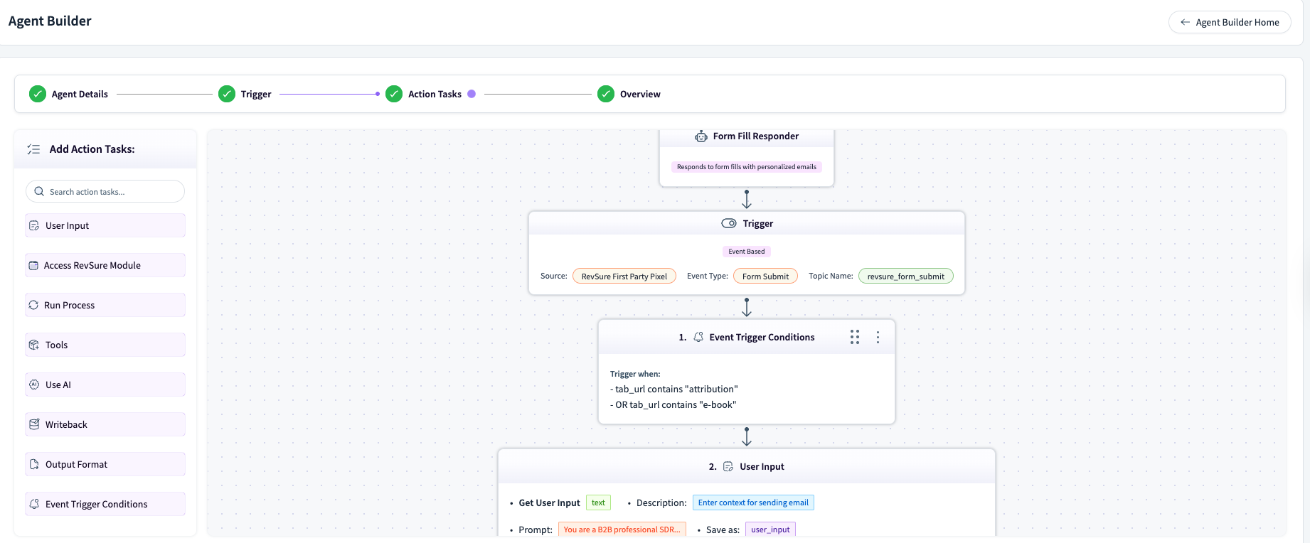 Overview of an agent builder interface with action tasks and triggers for form submissions.